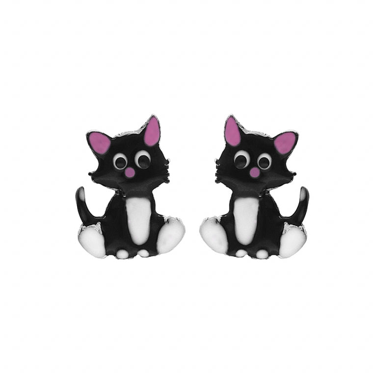 BOUCLES D'OREILLES Enfant chat émaillé  ARGENT RHODIÉ