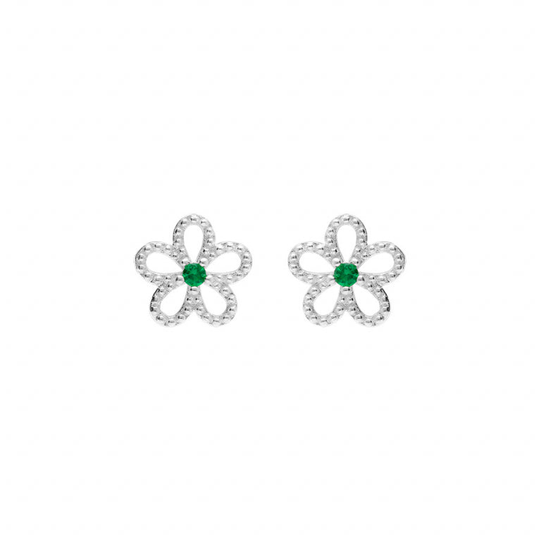 BOUCLES D'OREILLES Dame fleur +pierre verte ARGENT