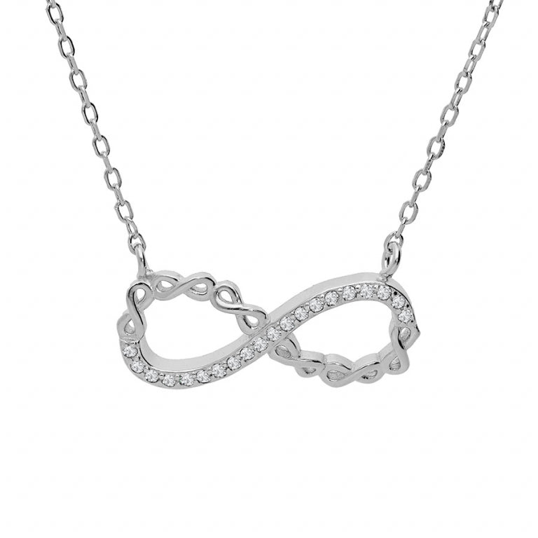 COLLIER ARGENT RHODIÉ MOTIF INFINI AVEC OXYDES BLANCS SERTIS