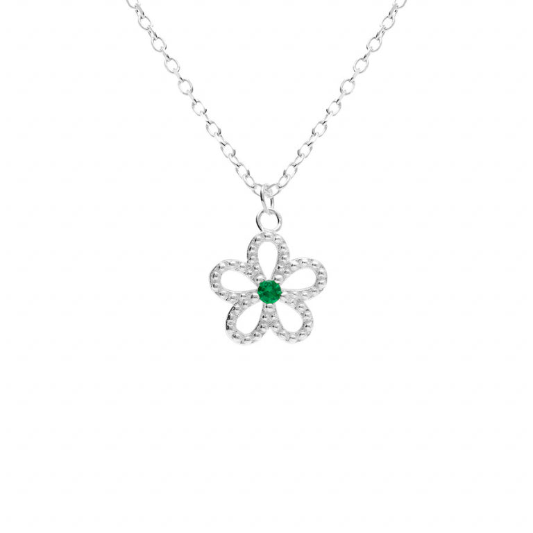 COLLIER Dame fleur +pierre verte ARGENT
