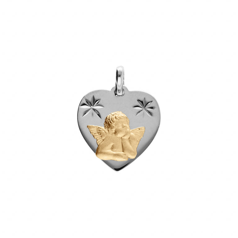 PENDENTIF ARGENT PLATINÉ ET ARGENT DORÉ COEUR  DIAMANTÉ AVEC ANGE