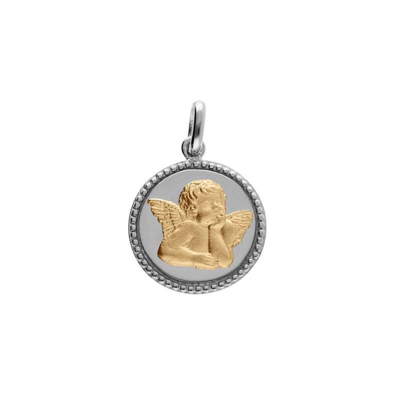 PENDENTIF ARGENT PLATINÉ ET ARGENT DORÉ MEDAILLE DIAMANTÉ AVEC ANGE
