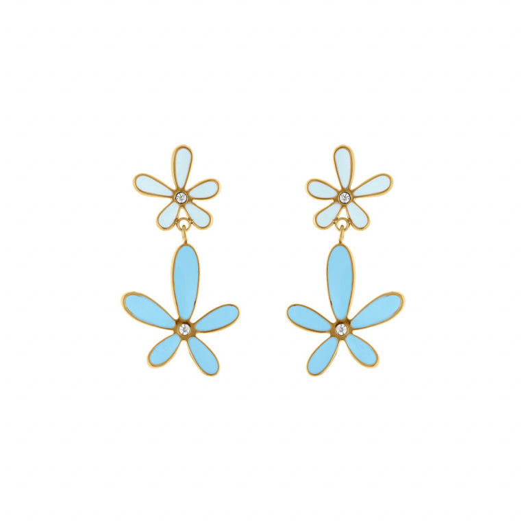 BOUCLES D OREILLES Femme ACIER DORE FLEURS BLEUES