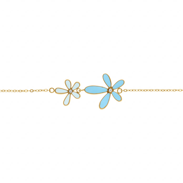 BRACELET ACIER DORE 2 FLEURS RESINE BLEUE