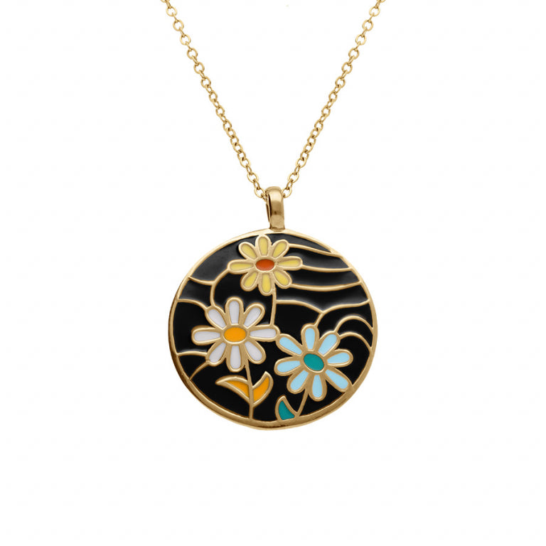 COLLIER Femme ACIER DORE STELLA MIA RESINE NOIRE FLEUR