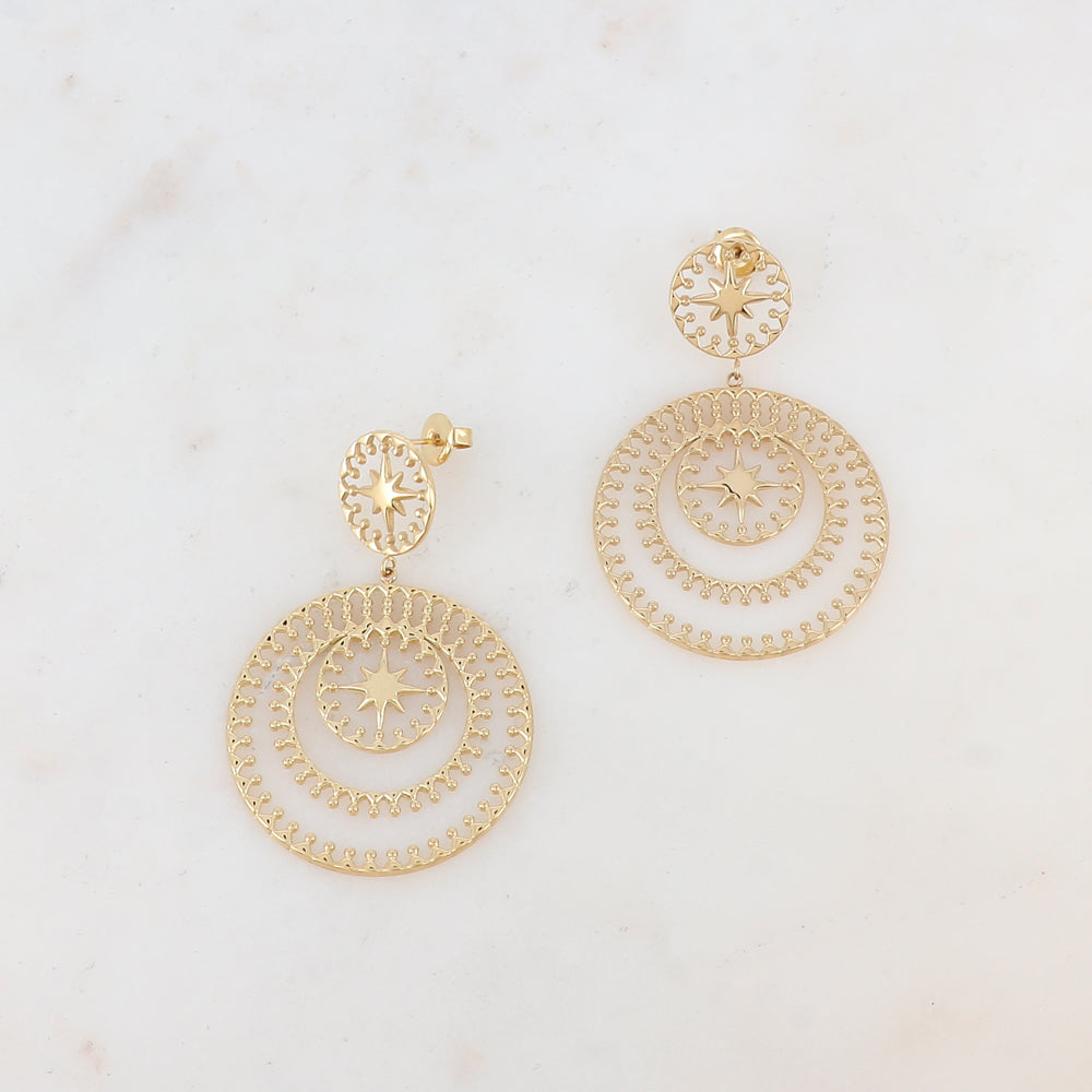 BOUCLES D OREILLES Femme acier doré à puce ajourées avec étoiles