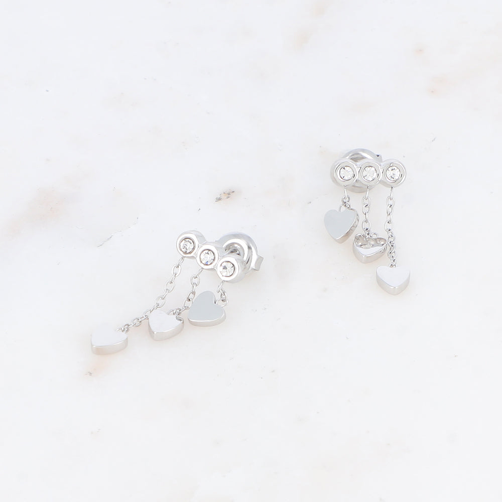 BOUCLES D'OREILLES Dame 3 chaines cœurs + strass acier