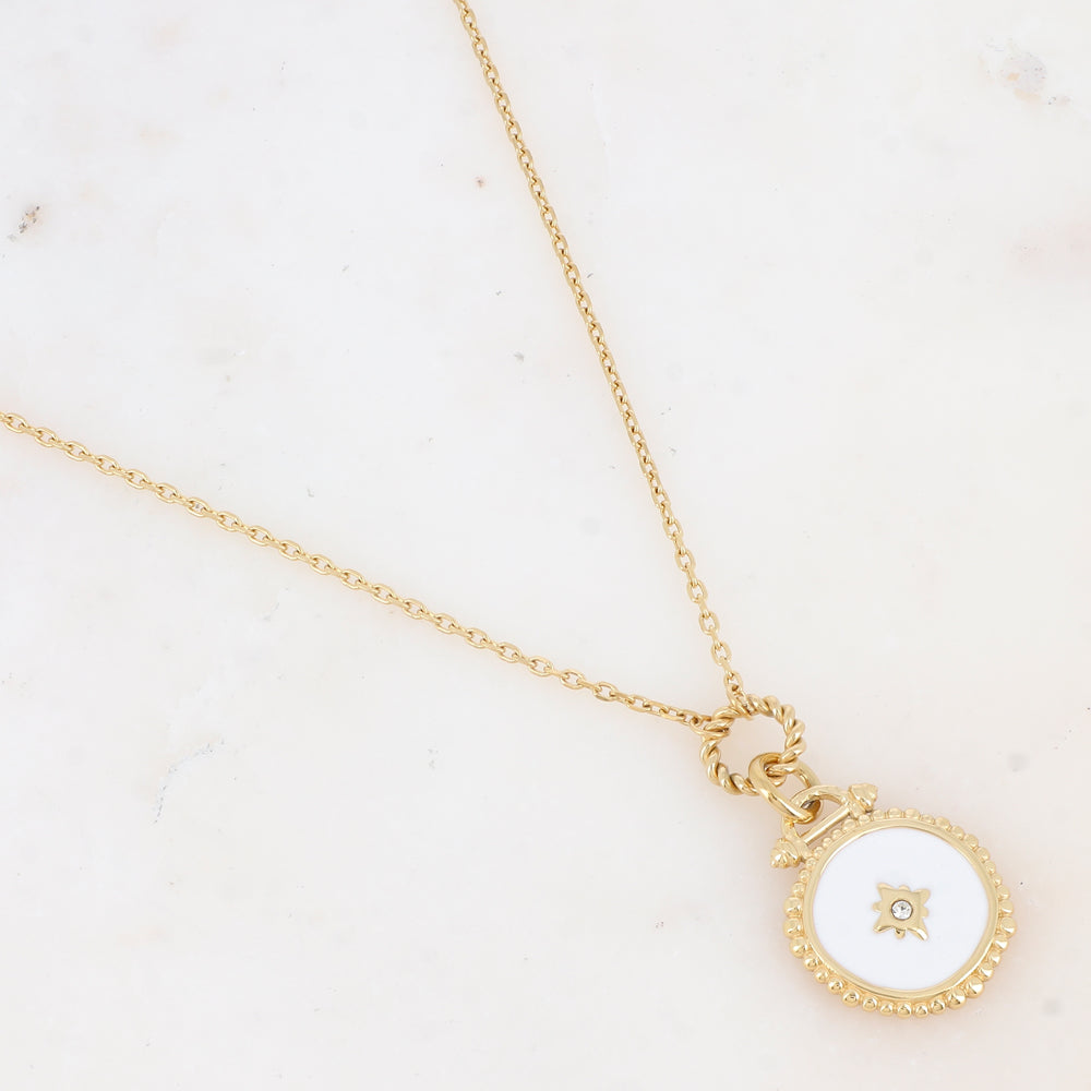 COLLIER Dame acier doré et pièce émaillée blanche