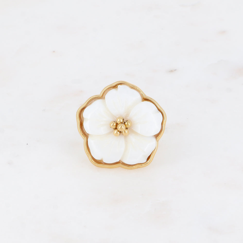 BAGUE Dame réglable grande fleur nacrée ACIER DORE BOHM