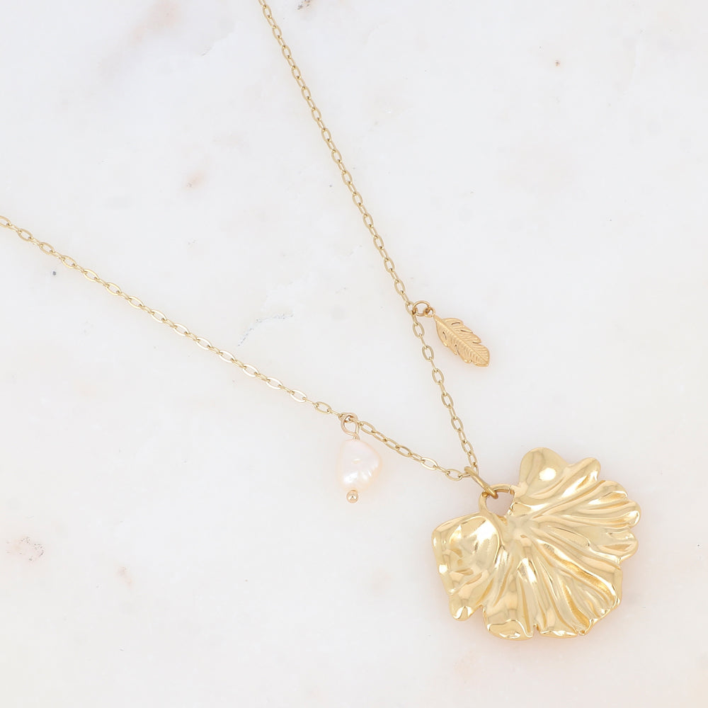COLLIER Dame Sautoir  acier inoxydable doré feuille et perle IKITA