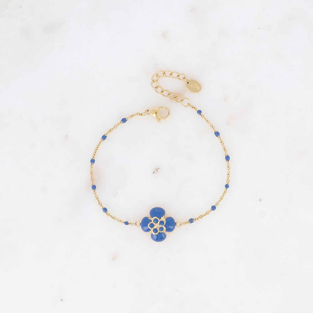 BRACELET Dame acier doré,  fleur et perles émaillées bleues BOHM