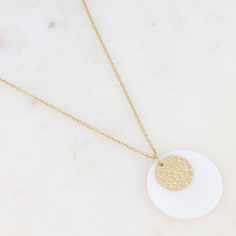 COLLIER Dame pièce ronde martelée et 1 nacrée acier inoxydable