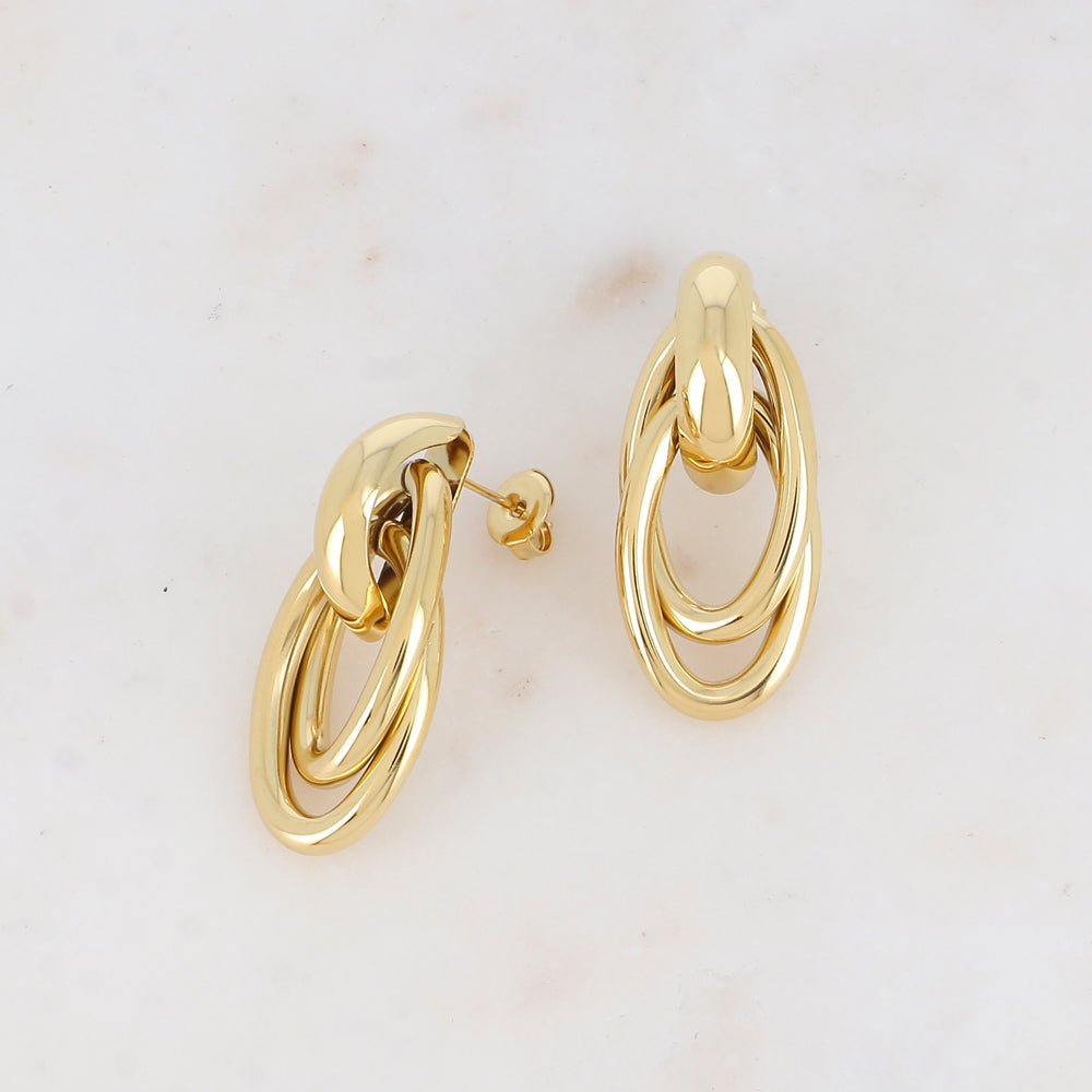 BOUCLES D'OREILLES Dame à puce en 2 ovales entrelacés acier inoxydable doré IKITA