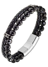 Charger l&#39;image dans la galerie, BRACELET Homme acier et cuir NOIR ET AGATE NOIRE ALL BLACKS 682435

