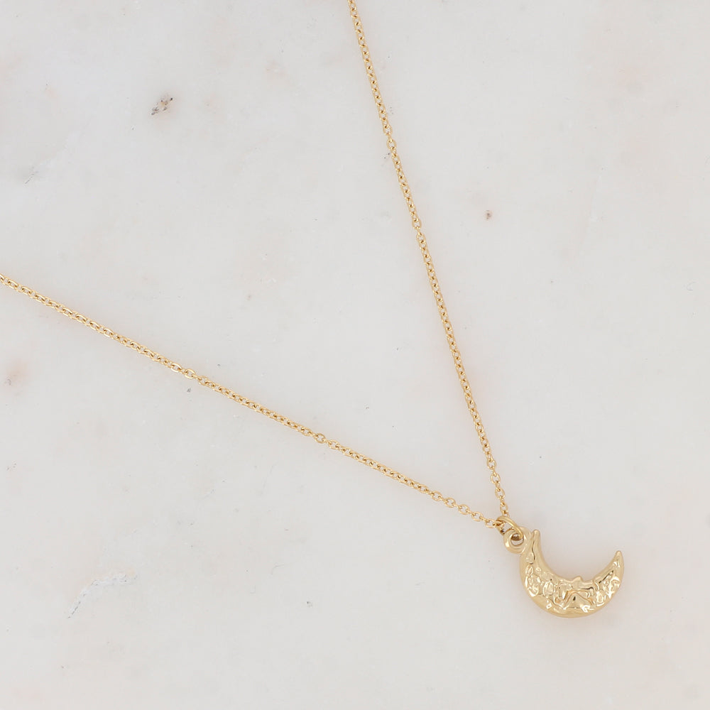 Collier Dame ACIER DORE SAUTOIR LUNE MARTELEE