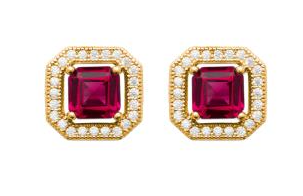 BOUCLES D'OREILLES Dame puces carrées pierres rouges