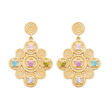 Charger l&#39;image dans la galerie, BOUCLES D&#39;OREILLES Dame pendantes empierrées multicolores  PLAQUE  OR
