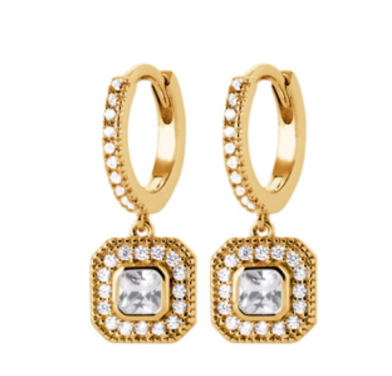 BOUCLES D'OREILLES Dame créoles empierrées et pampilles carrées  PLAQUE OR