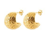 Charger l&#39;image dans la galerie, BOUCLES D&#39;OREILLES Dame 1/2 Créoles ACIER DORE MARTELE
