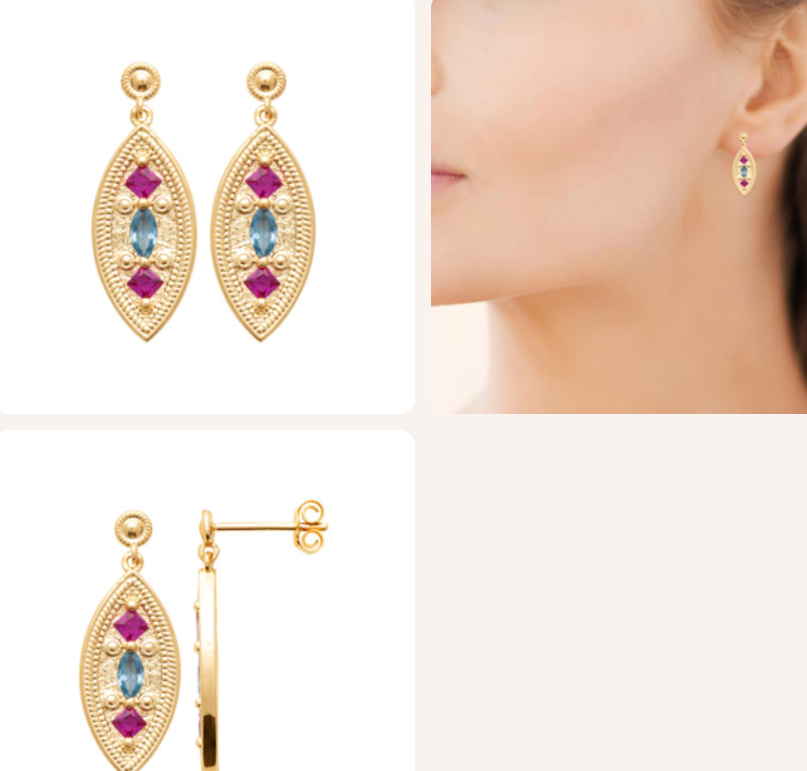 BOUCLES D'OREILLES Dame pendantes ovales pierres roses et bleues PLAQUE OR