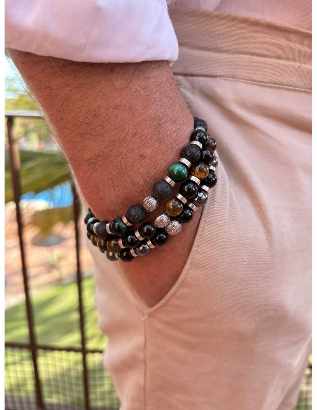 BRACELET Unisexe OEIL DE TIGRE MARRON ET AGATE NOIRE LAUREN STEVEN