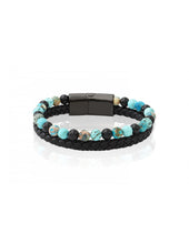 Charger l&#39;image dans la galerie, BRACELET Unisexe CUIR TRESSE  TURQUOISE/AGATE/JASPE NOIRE LAUREN STEVEN

