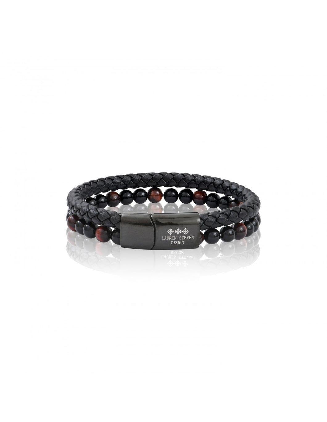 BRACELET Mixte CUIR/  AGATE NOIRE ET OEIL DE TIGRE ROUGE LAUREN STEVEN