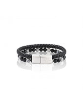 Charger l&#39;image dans la galerie, BRACELET Homme double rang cuir tressé et perles agate noire/map stone LAUREN STEVEN LSEXL1140
