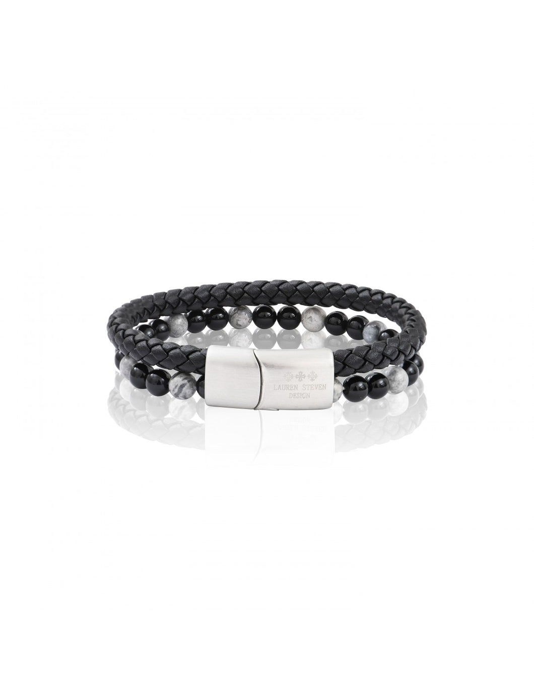 BRACELET Homme double rang cuir tressé et perles agate noire/map stone LAUREN STEVEN LSEXL1140