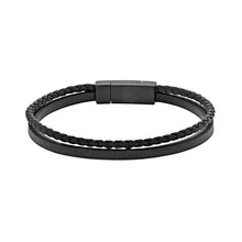 Charger l&#39;image dans la galerie, BRACELET Homme 2 rangs CUIR LISSE ET TRESSE CUIR NOIR FERMOIR ACIER
