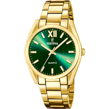 Charger l&#39;image dans la galerie, MONTRE DAME FESTINA ACIER DORE FOND VERT F20640/9
