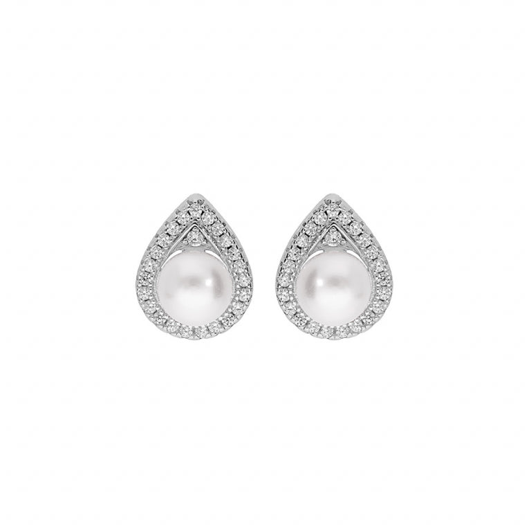 BOUCLES D'OREILLES  ARGENT RHODIE PERLE DE CULTURE  BLANCHE  CONTOUR OXYDES BLANCS SERTIS 01105