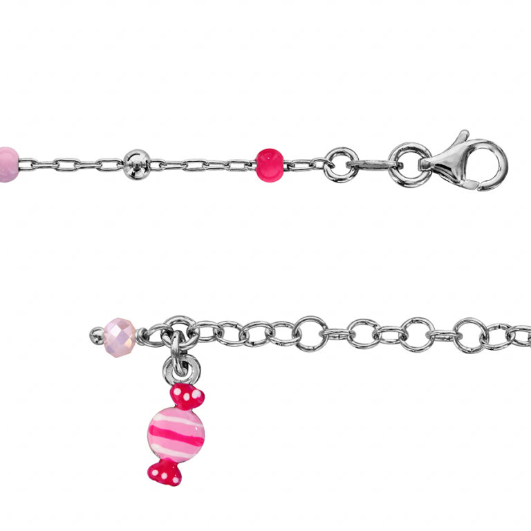 BRACELET ARGENT RHODIE ENFANT BOULES RESINE ROSE AVEC BONBON ROSE