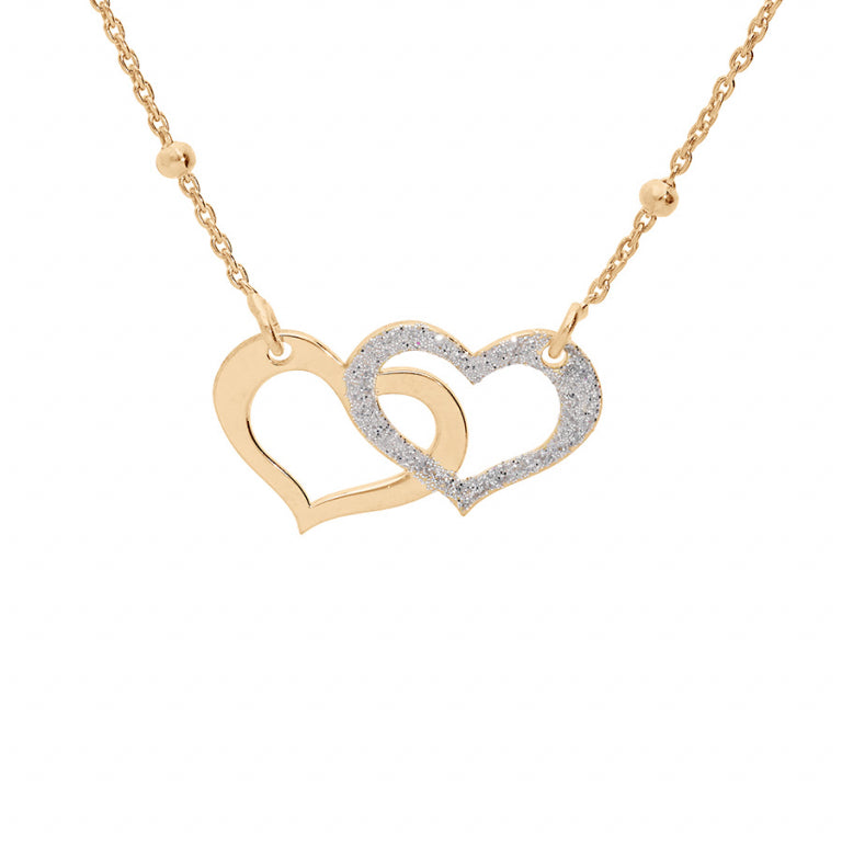 COLLIER ARGENT ET DORURE JAUNE DOUBLE COEUR 1 LISSE ET 1 GRANITÉ