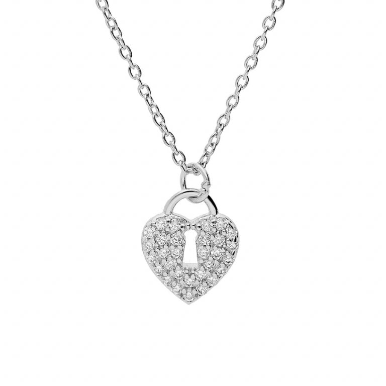 COLLIER ARGENT RHODIE CADENAS COEUR PAVÉ OXYDES BLANCS