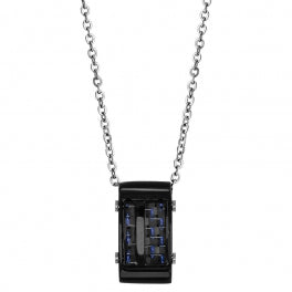 COLLIER ACIER HOMME PENDENTIF RECT PVD NOIR ET CARBONE